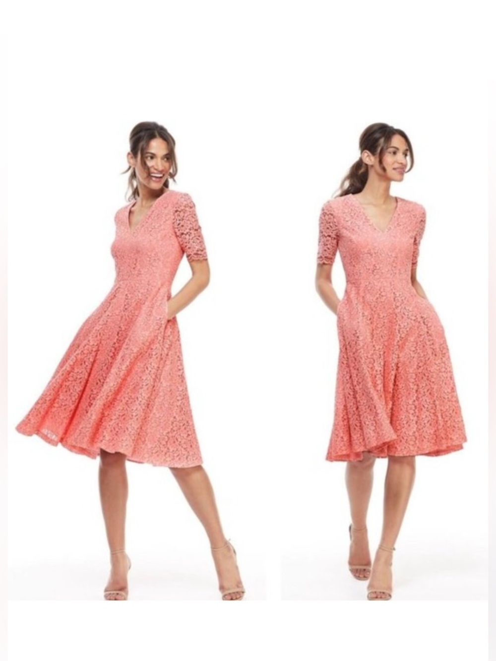 Gal Meets Glam Coral Louisa Lace V-Neck Midi Dress